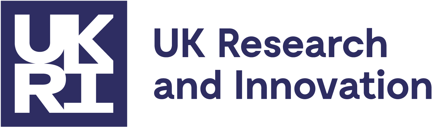 Logo for UK Research and innovation (UKRI), white text on a blue background.